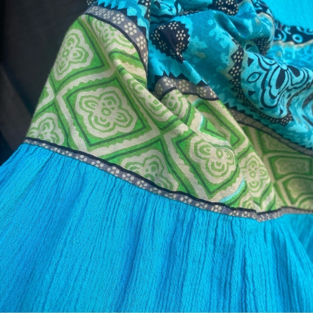 Vintage Dress S Turquoise/Blue 100% Cotton Flowy Boho Midi Short Sleeve S - Picture 10 of 13